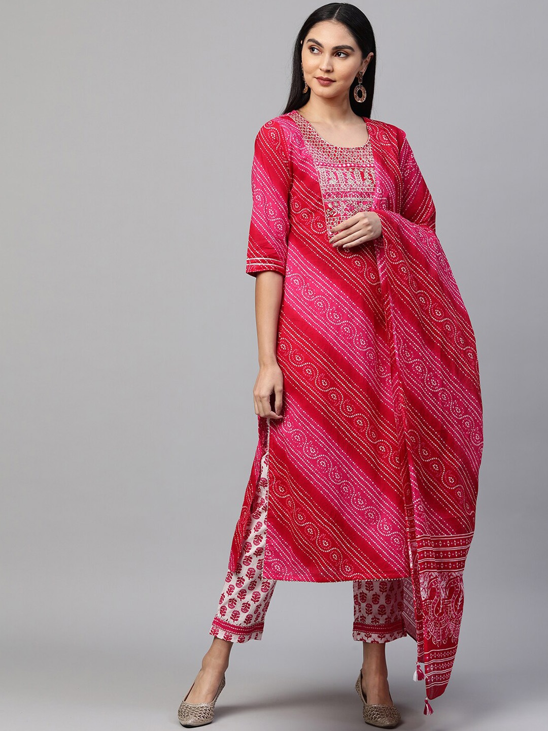 

FASHOR Women Pink Printed Regular Pure Cotton Kurta with Trousers & Dupatta