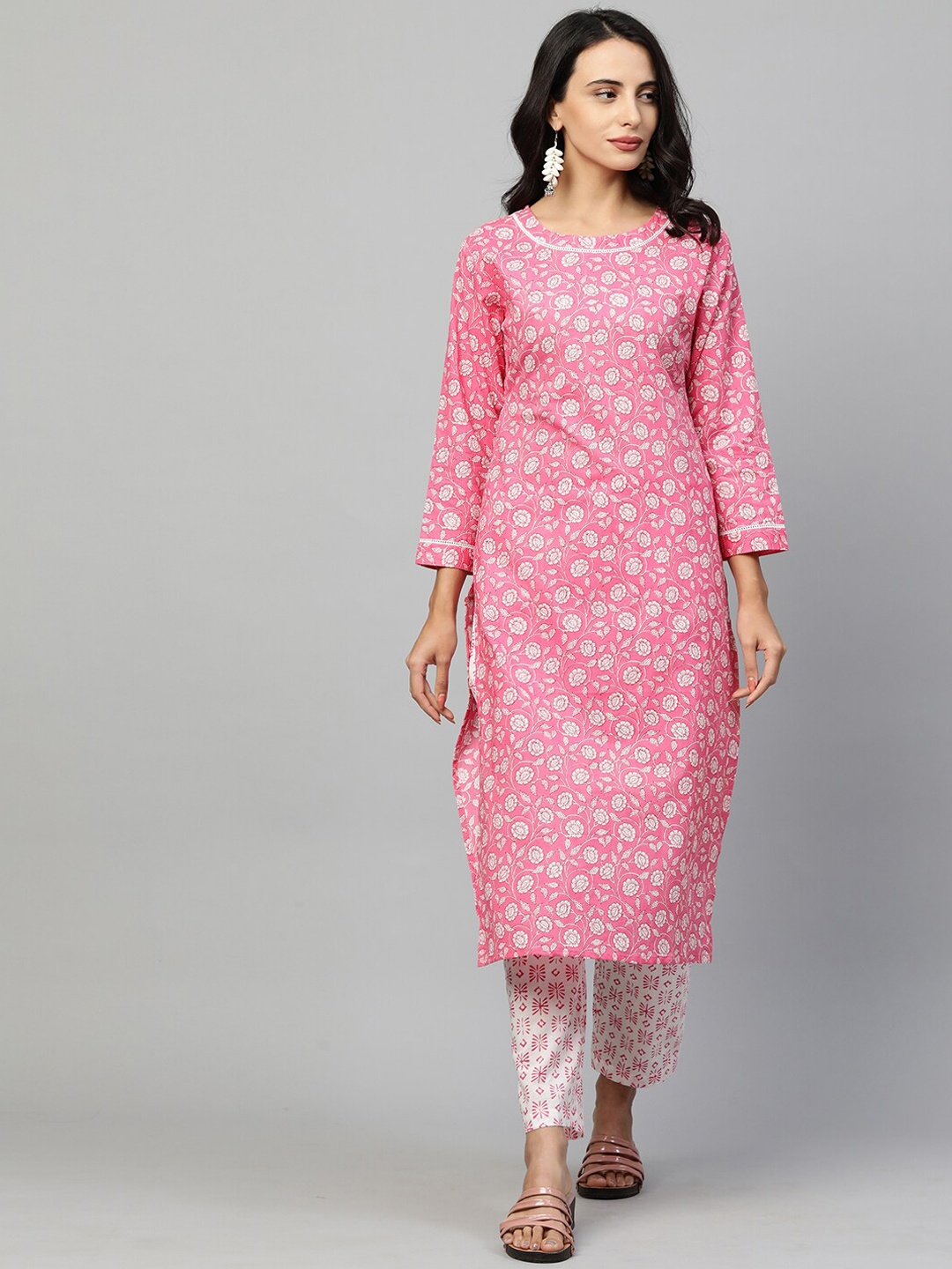 

FASHOR Women Pink Ethnic Motifs Printed Regular Pure Cotton Kurta with Trousers
