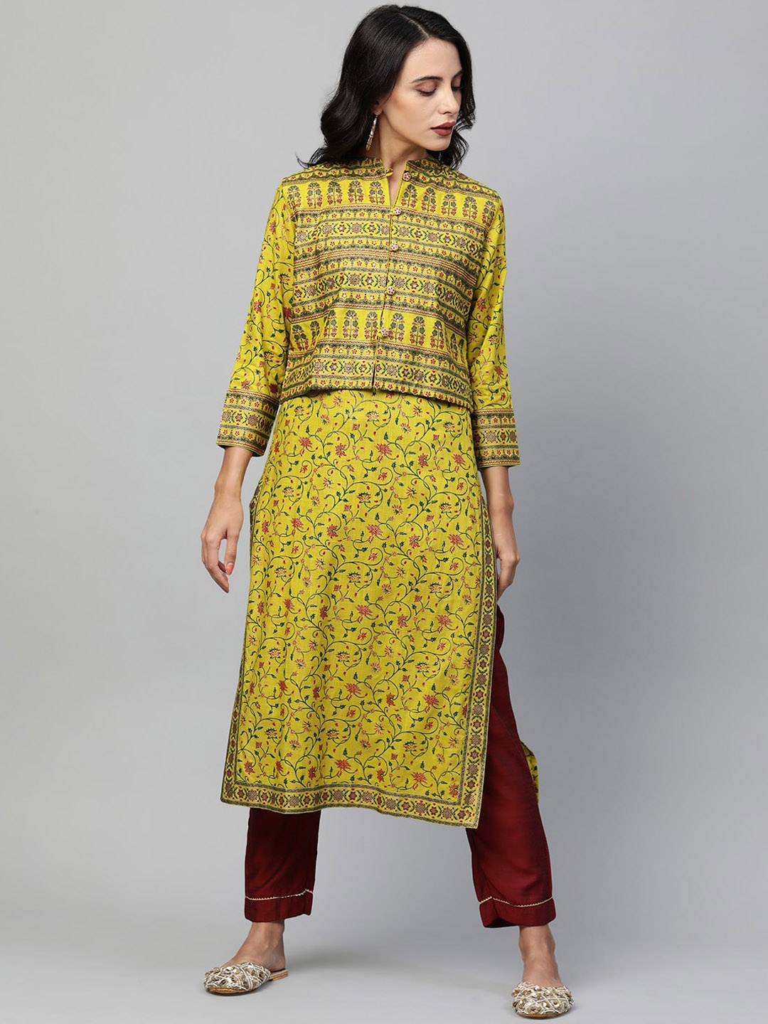 

FASHOR Women Lime Green Ethnic Motifs Printed Kurta & Jacket