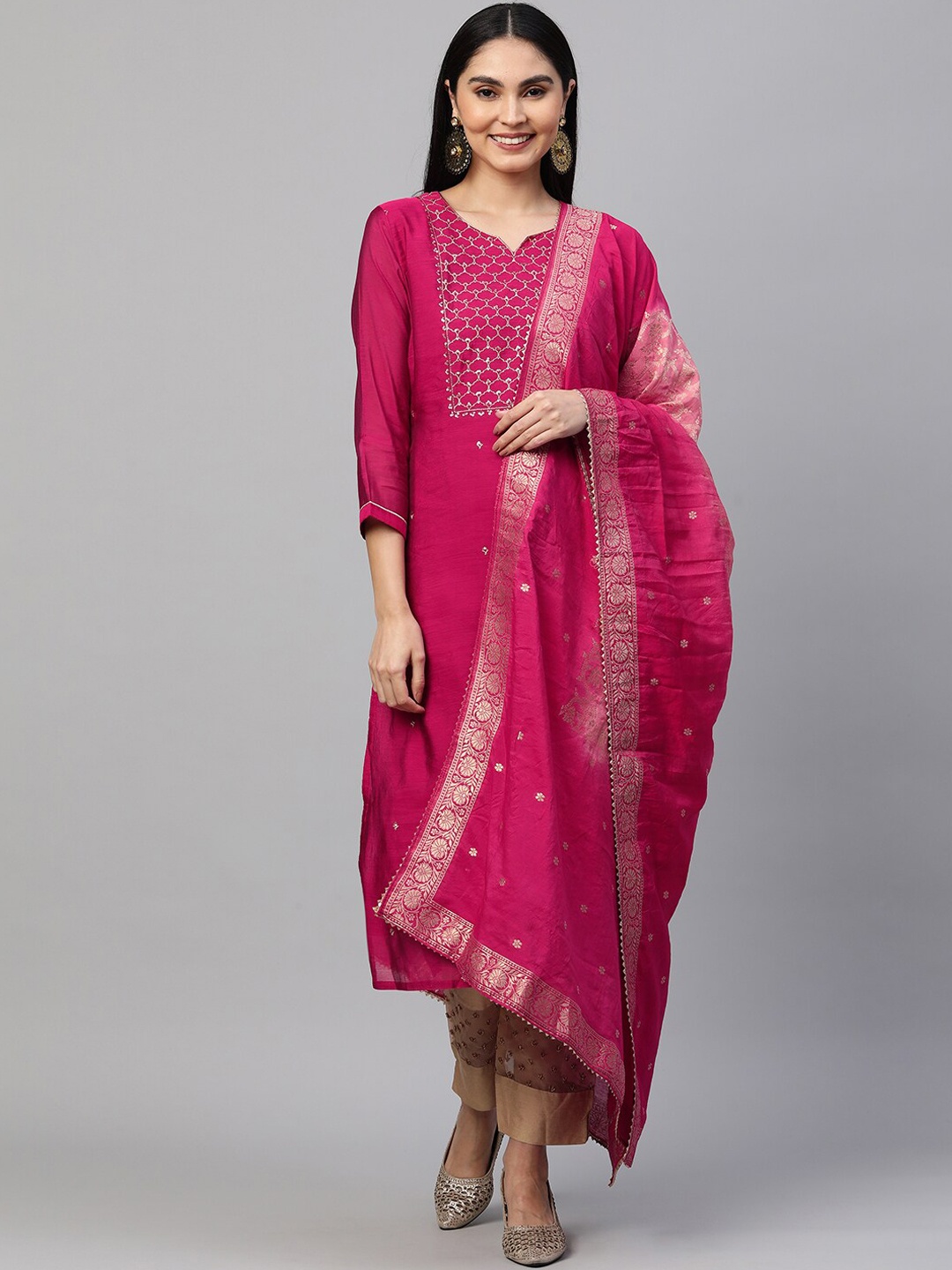 

FASHOR Women Pink Ethnic Motifs Embroidered Chanderi Silk Kurta with Banarasi Dupatta