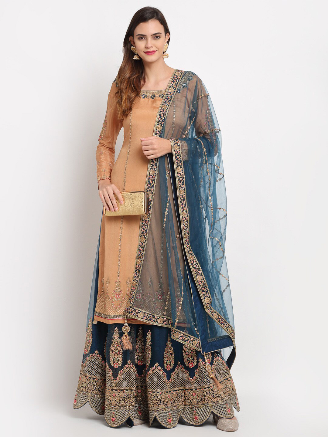

Stylee LIFESTYLE Beige & Teal Embroidered Semi-Stitched Dress Material, Green