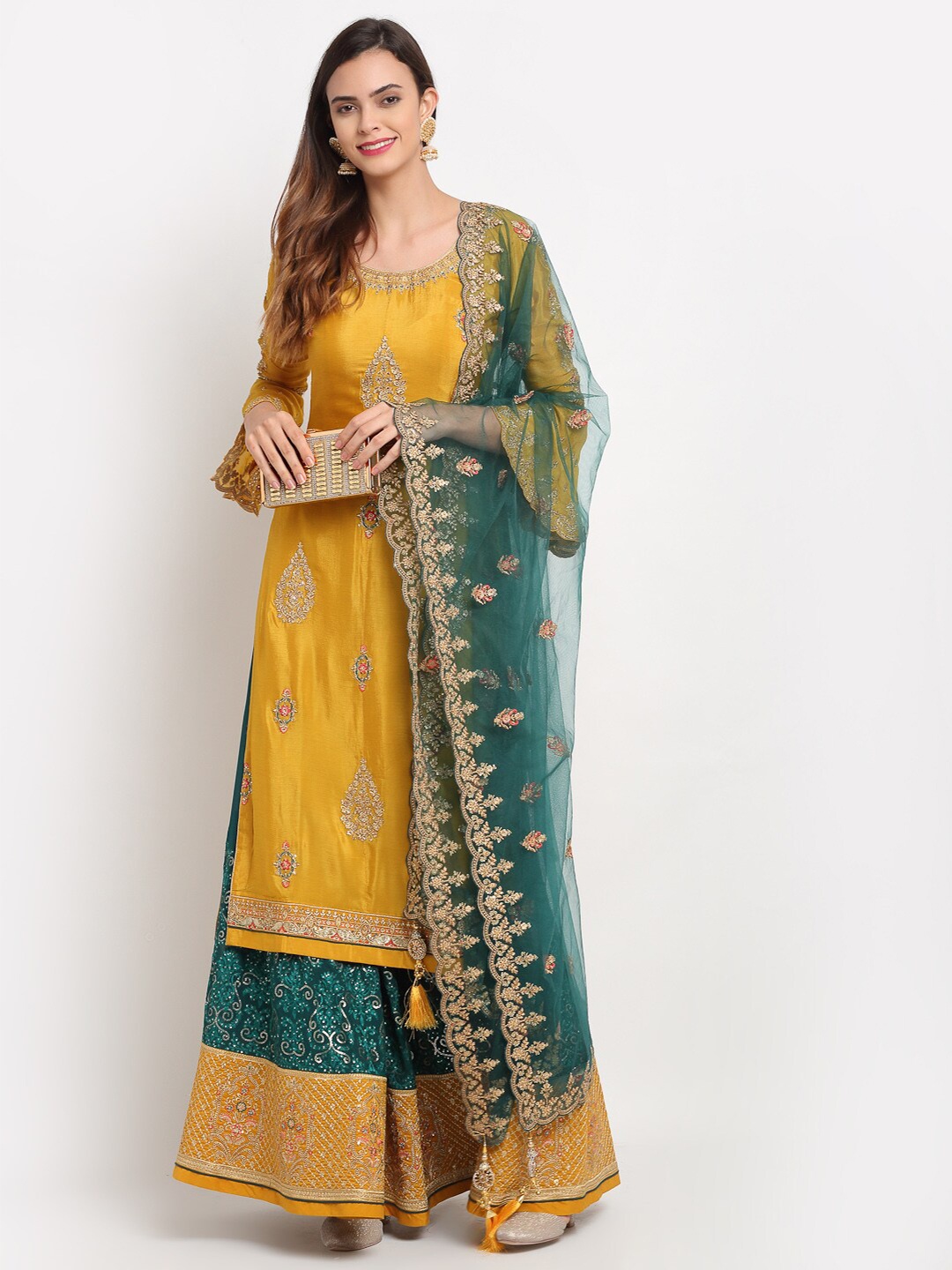 

Stylee LIFESTYLE Yellow & Green Embroidered Semi-Stitched Dress Material