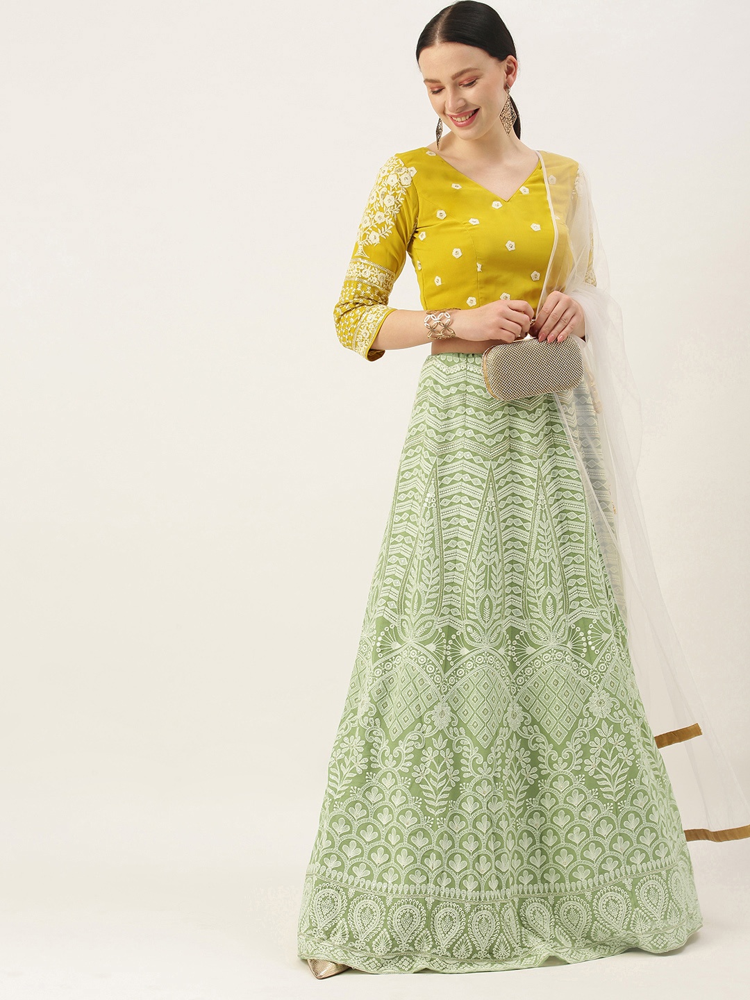 

Ethnovog Yellow Green Embroidered Made to Measure Lehenga Blouse With Dupatta