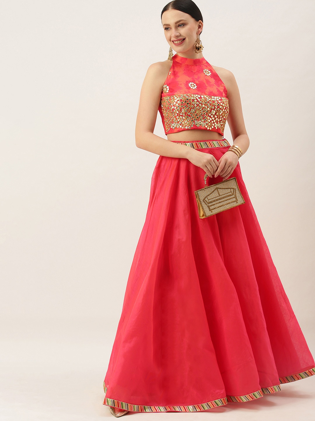 

Ethnovog Pink Embellished Mirror Work Made to Measure Lehenga Blouse