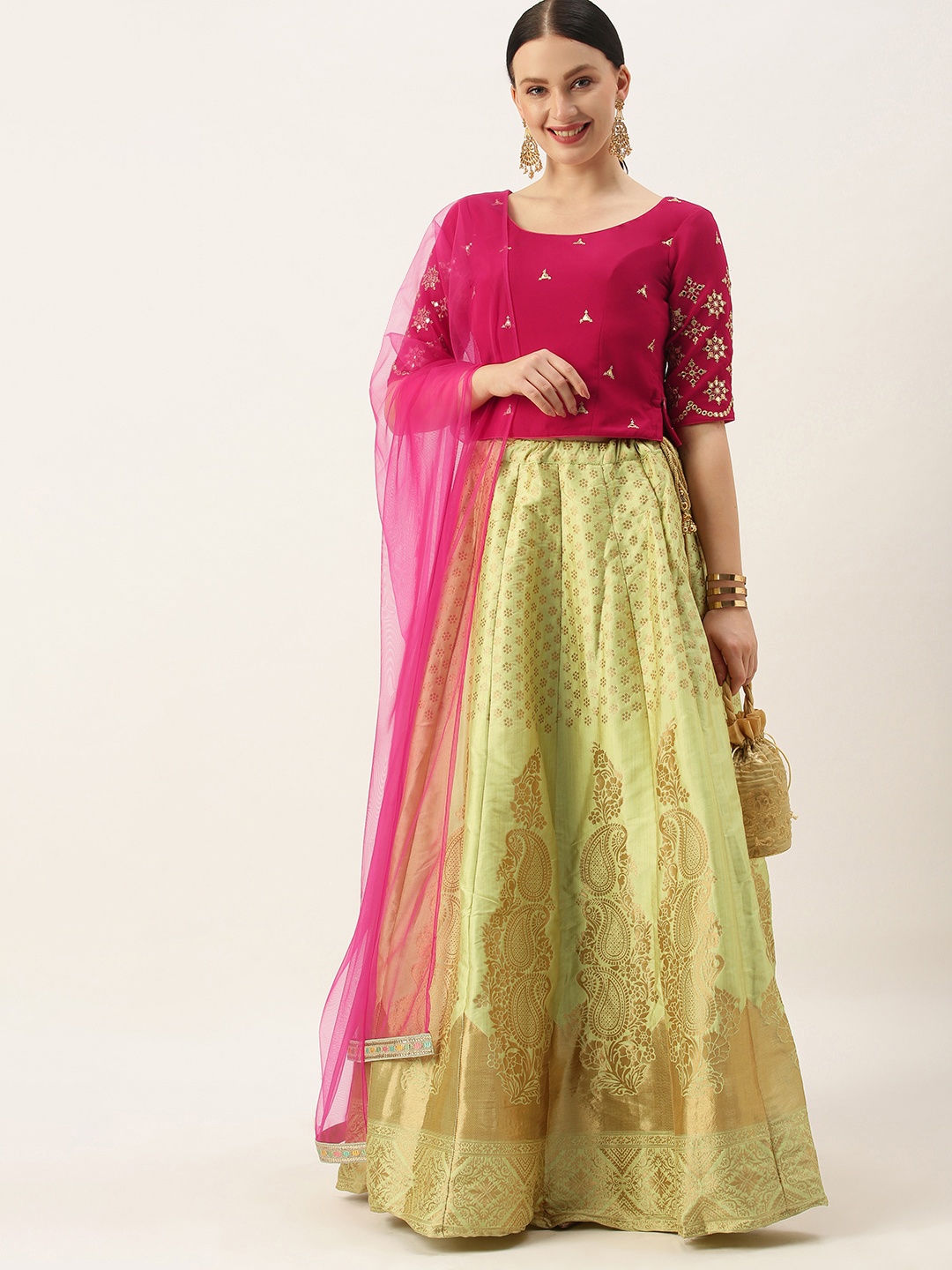

Ethnovog Pink Green Embroidered Made to Measure Lehenga Blouse With Dupatta