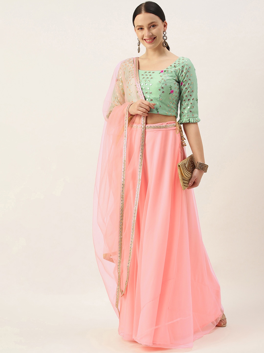 

Ethnovog Green Pink Embroidered Made to Measure Lehenga Blouse With Dupatta