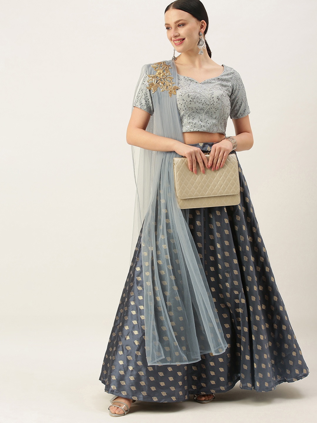 

Ethnovog Grey Blue Embellished Made to Measure Lehenga Blouse With Dupatta