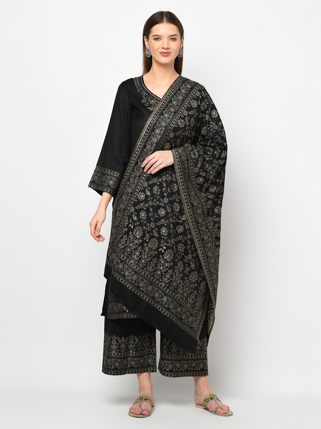 

Safaa Black & Silver-Coloured Acro Wool Woven Unstitched Dress Material