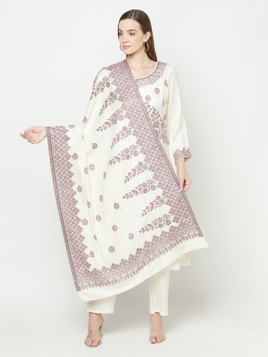 

Safaa White & Pink Acro Wool Unstitched Dress Material