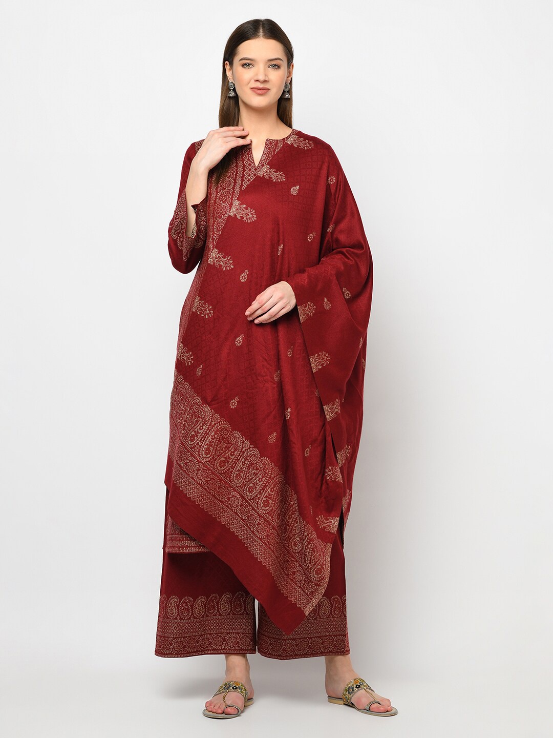 

Safaa Maroon & Gold-Toned Viscose Rayon Unstitched Dress Material