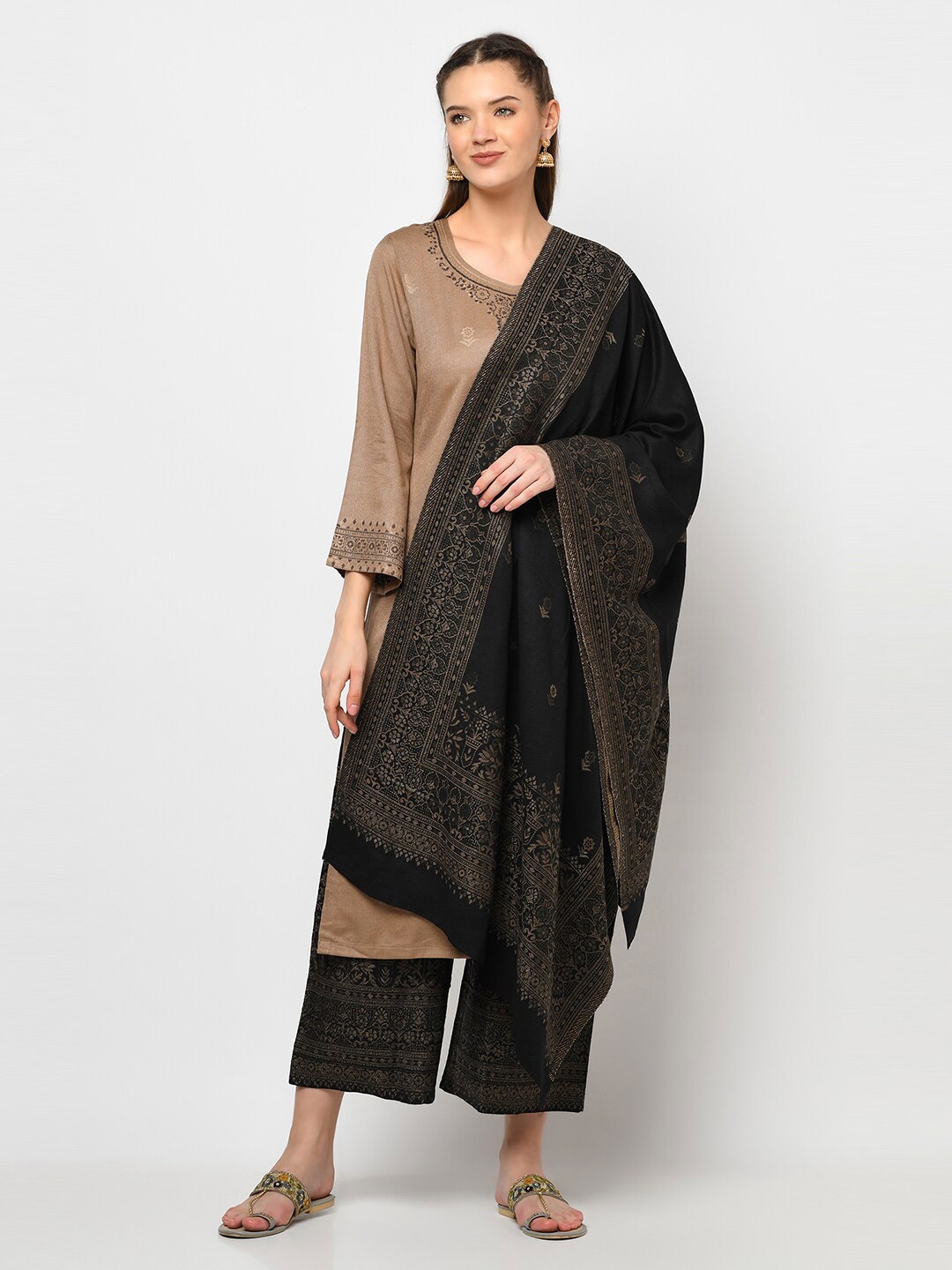 

Safaa Brown & Black Woven Design Acro Wool Unstitched Dress Material