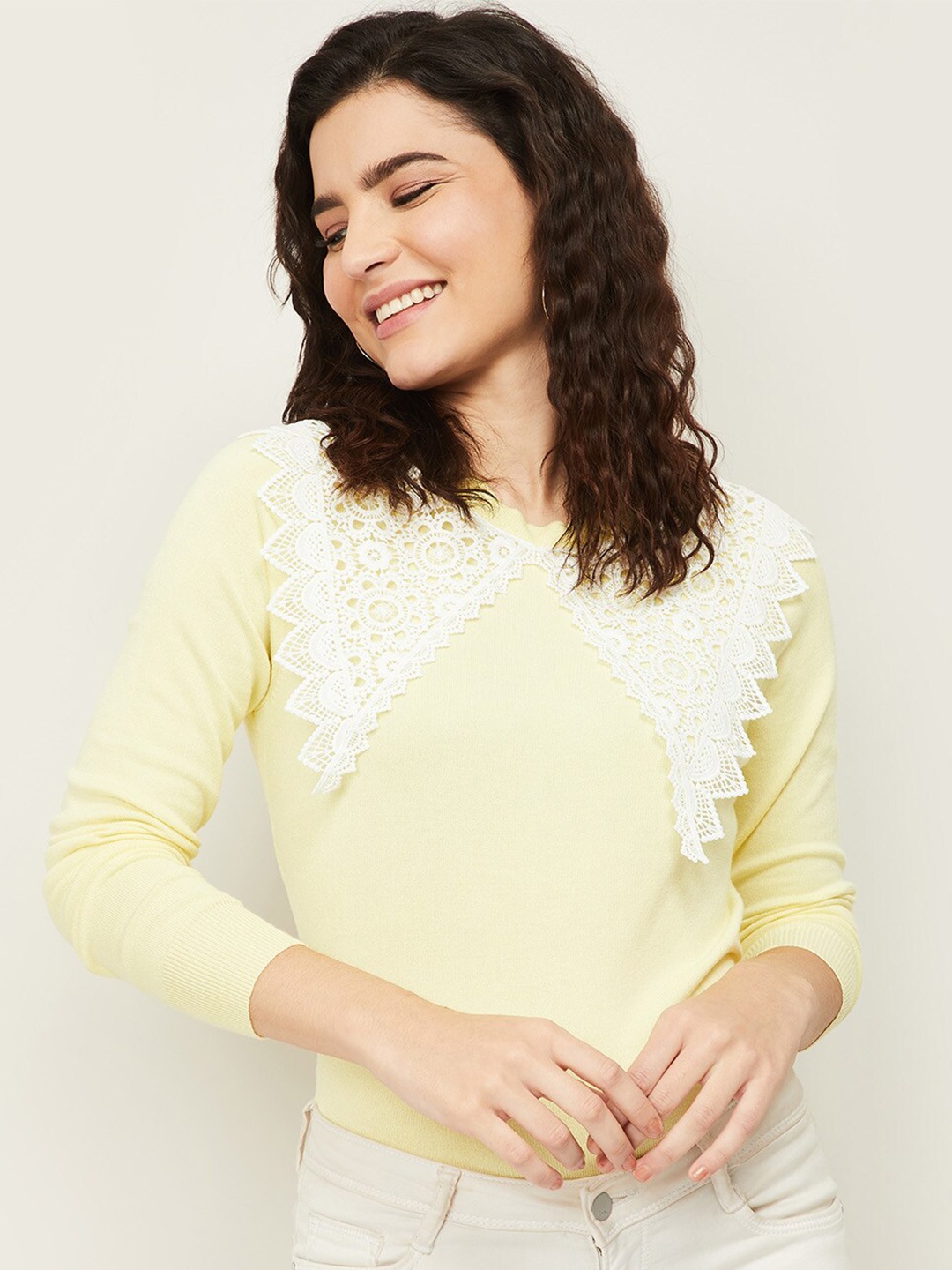 

Ginger by Lifestyle Yellow Regular Top with Lace Detail