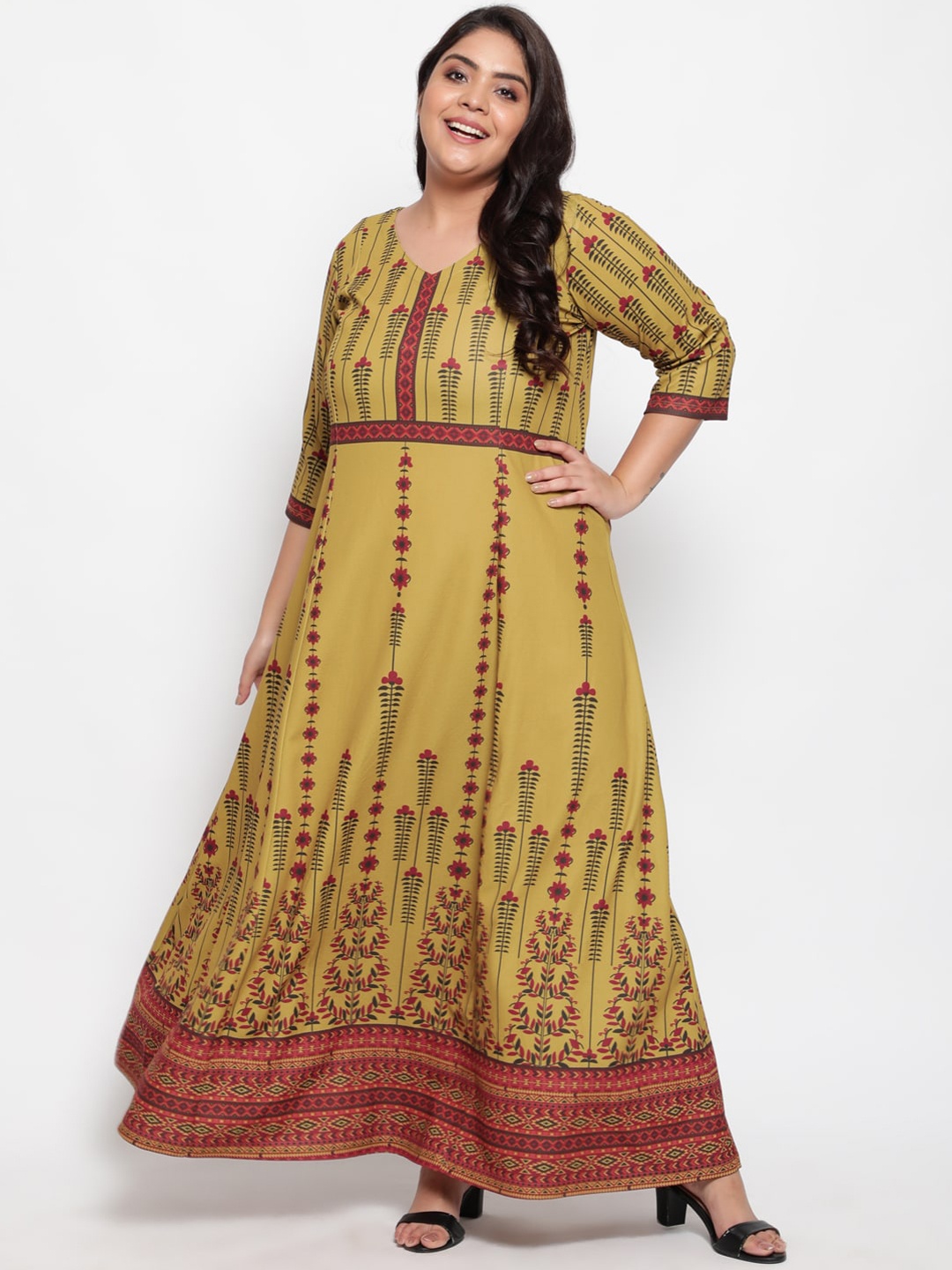 

Amydus Plus Size Mustard & Red Ethnic Motifs Printed Maxi Dress