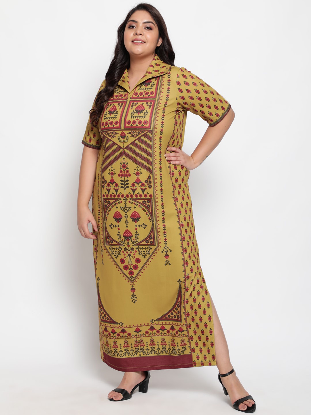 

Amydus Women Plus Size Mustard Yellow Ethnic Motifs Ethnic Maxi Dress
