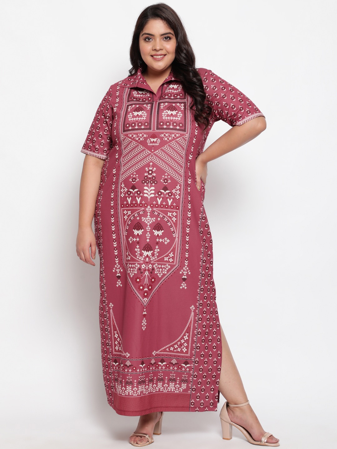 

Amydus Pink & White Ethnic Motifs Plus Size Maxi Dress
