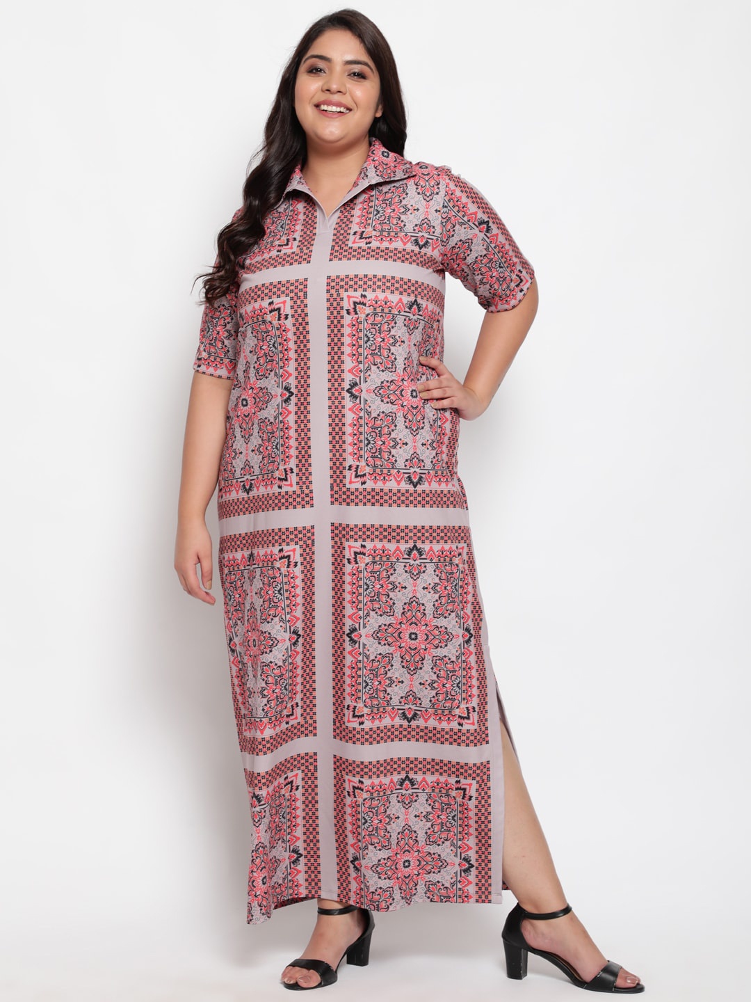 

Amydus Grey & Red Ethnic Motifs Plus Size Side Slit Maxi Dress