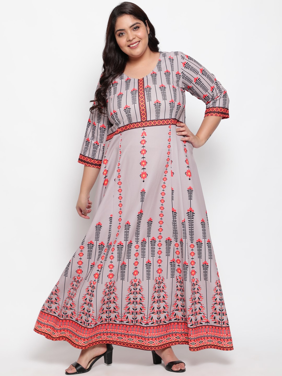

Amydus Grey & Pink Ethnic Motifs Plus Size Maxi Dress