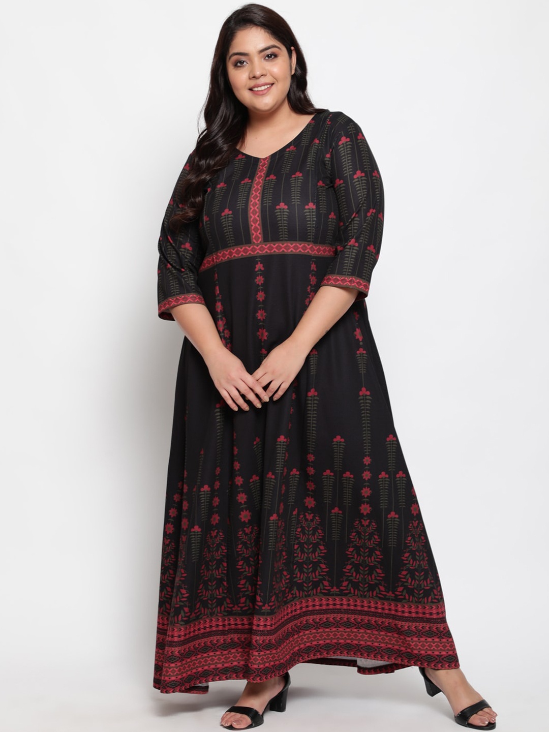 

Amydus Plus Size Black & Red Ethnic Motifs Maxi Dress