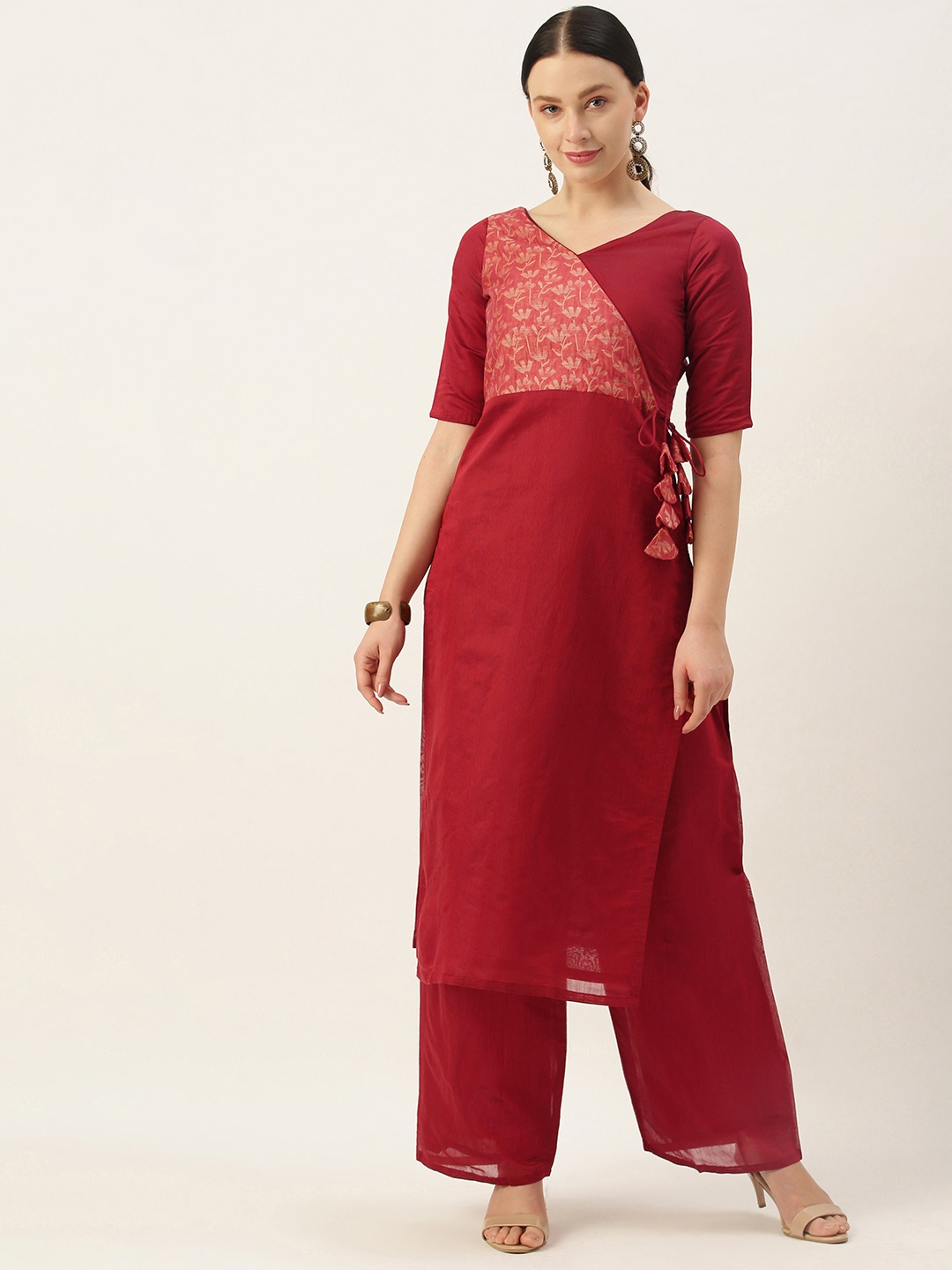 

Ethnovog Women Maroon Solid Angrakha Kurta with Palazzos