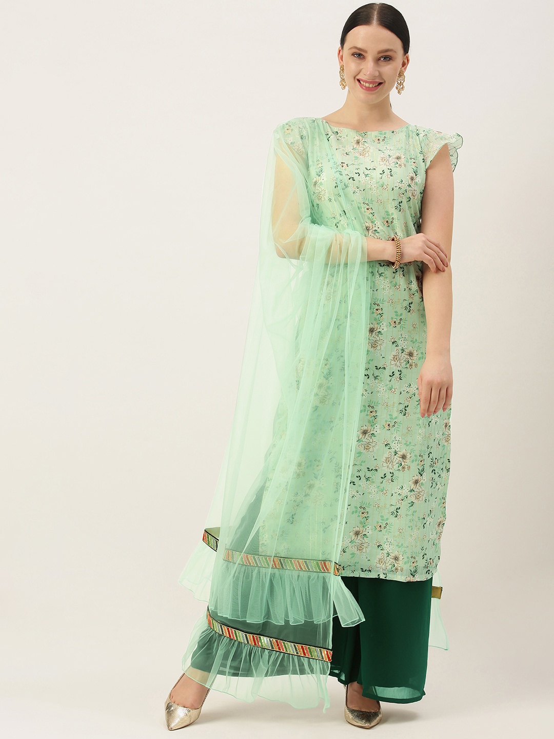 

Ethnovog Women Green Floral Striped Regular Kurta with Palazzos Dupatta