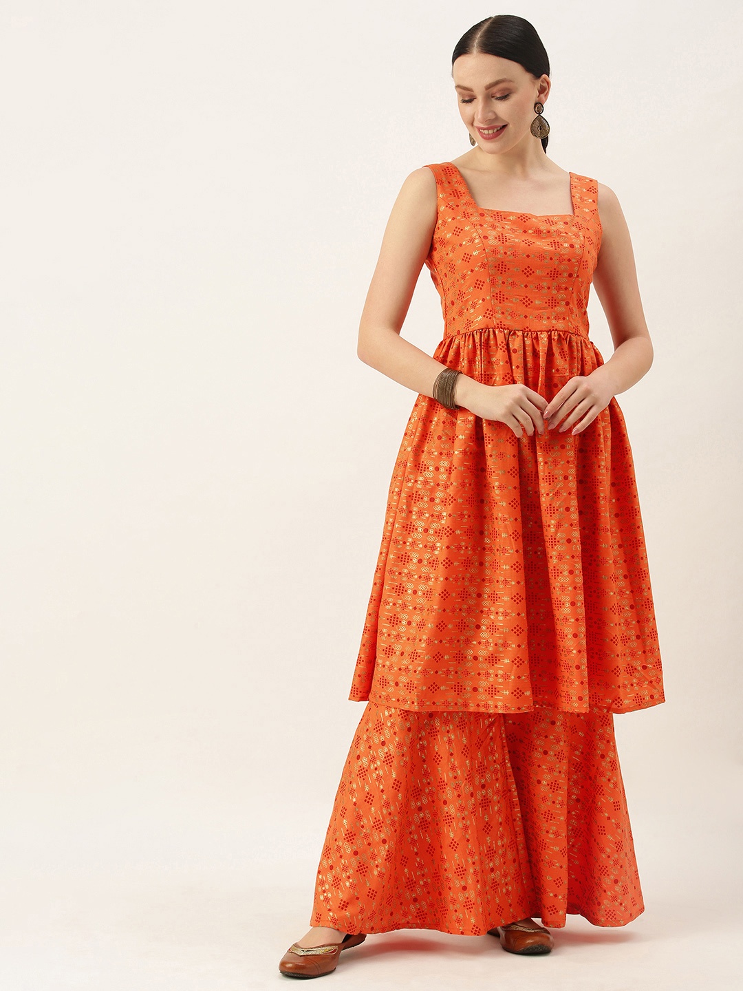 

Ethnovog Women Orange Printed Regular Kurta with Gharara