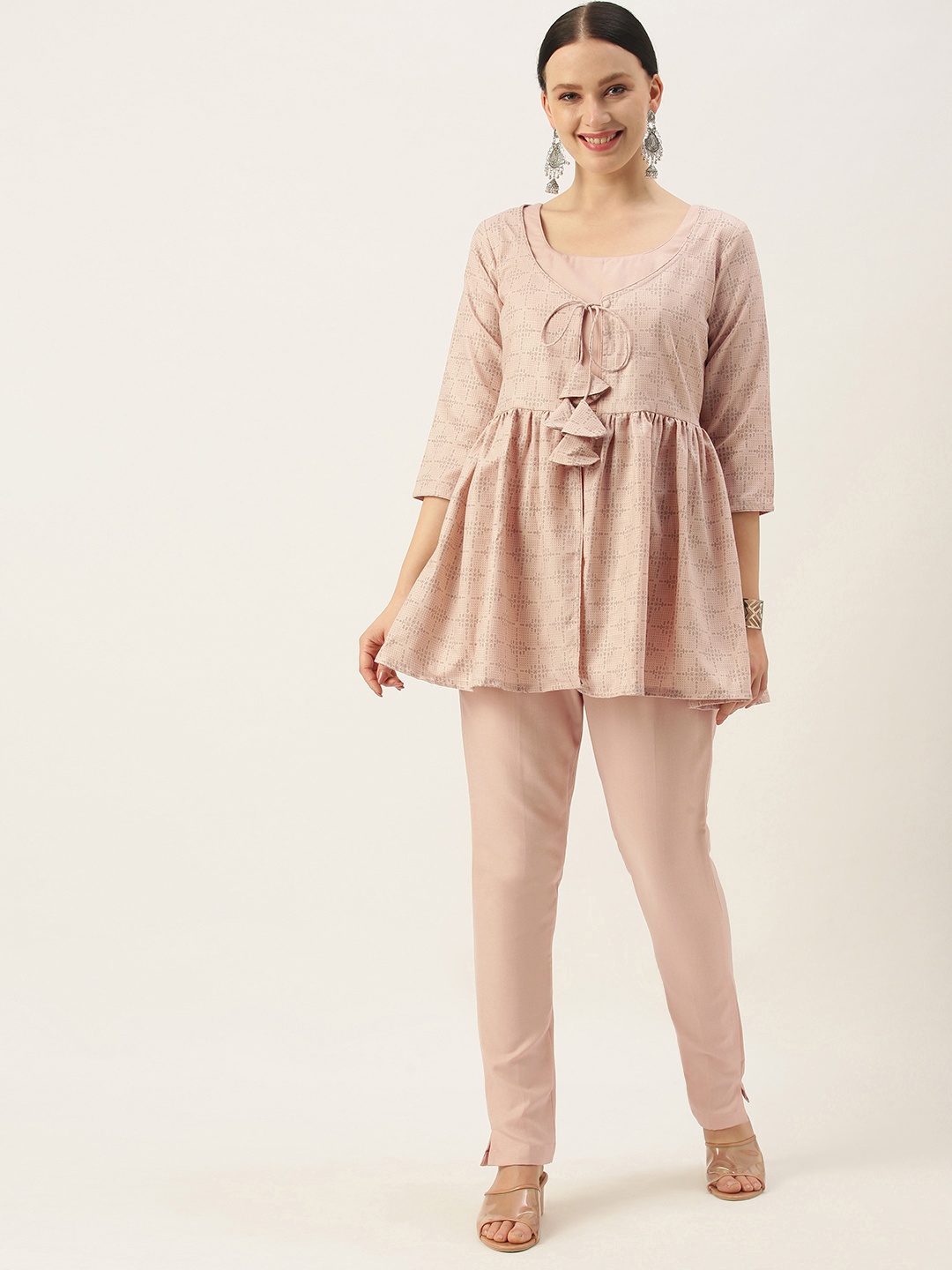 

Ethnovog Women Pink Printed Regular Kurti with Trousers