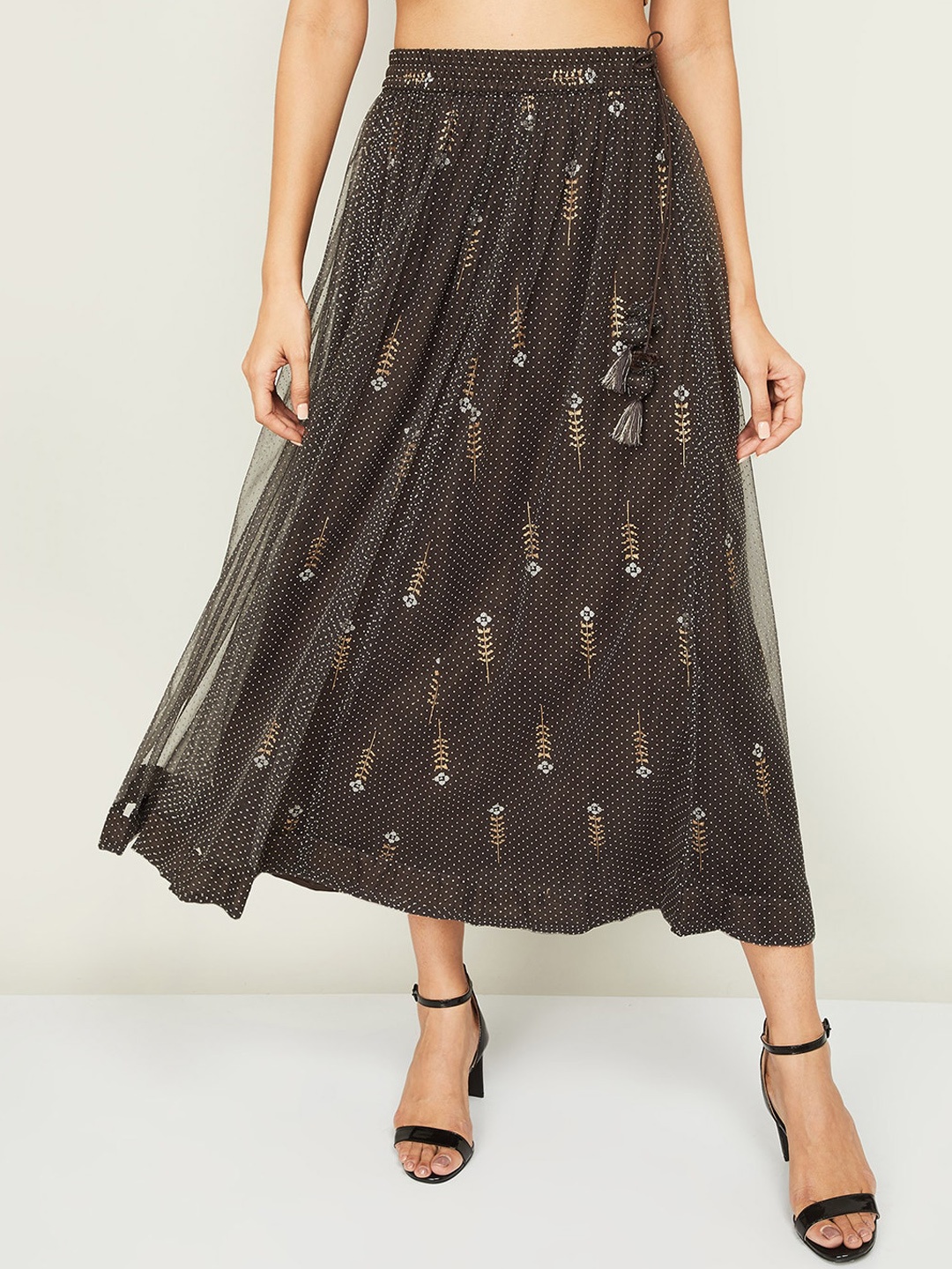 

Melange by Lifestyle Women Charcoal Grey & White Printed Cotton Flared Maxi Skirt