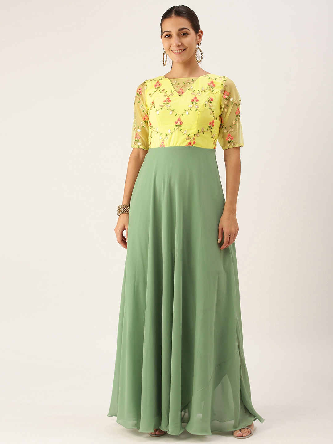 

Ethnovog Green Yellow Floral Georgette Maxi Dress