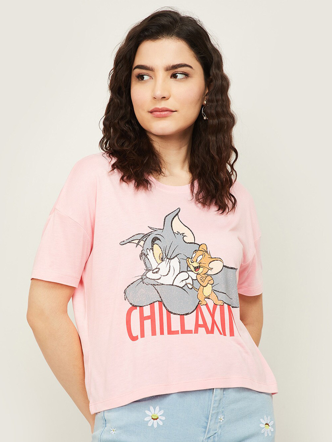 

Ginger by Lifestyle Women Orange & Pink Tom & Jerry Printed Slim Fit Crop T-shirt