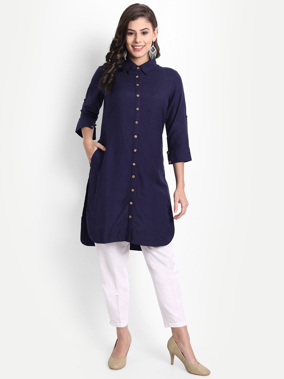 

fabGLOBAL Navy Blue Viscose Rayon Shirt Collar Indigo Tunic