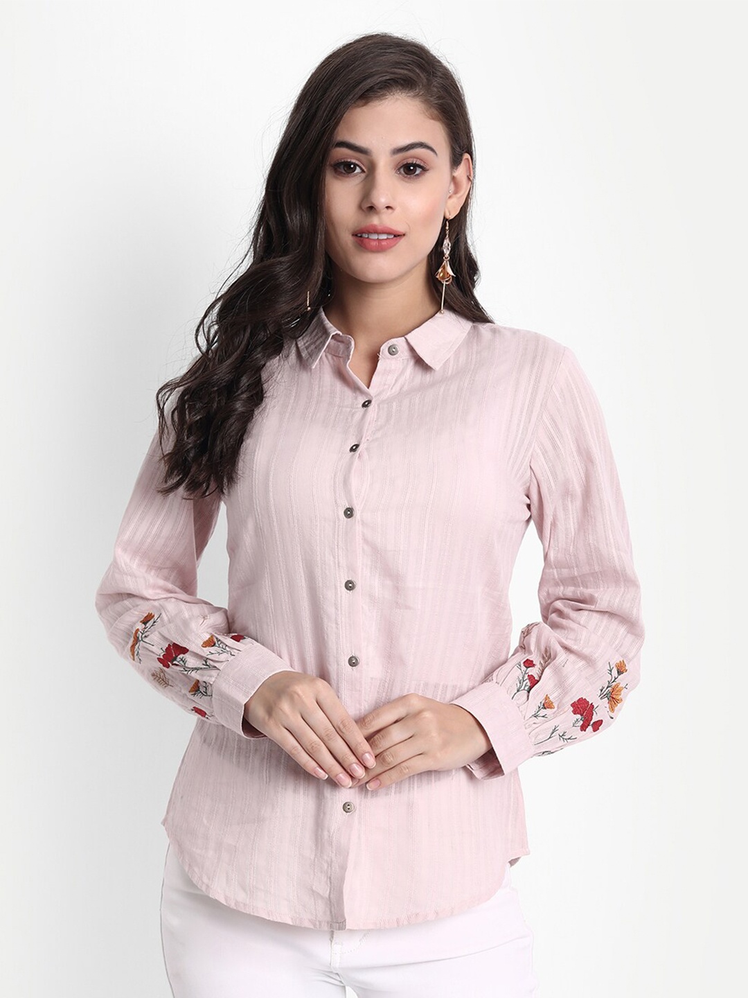 

fabGLOBAL Peach-Coloured Striped Embroidered Shirt Style Top