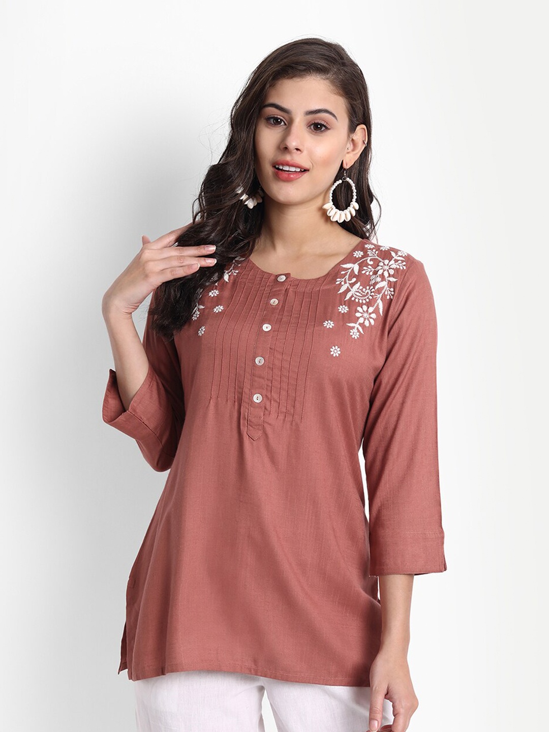 

fabGLOBAL Pink Floral Embroidered Regular Top