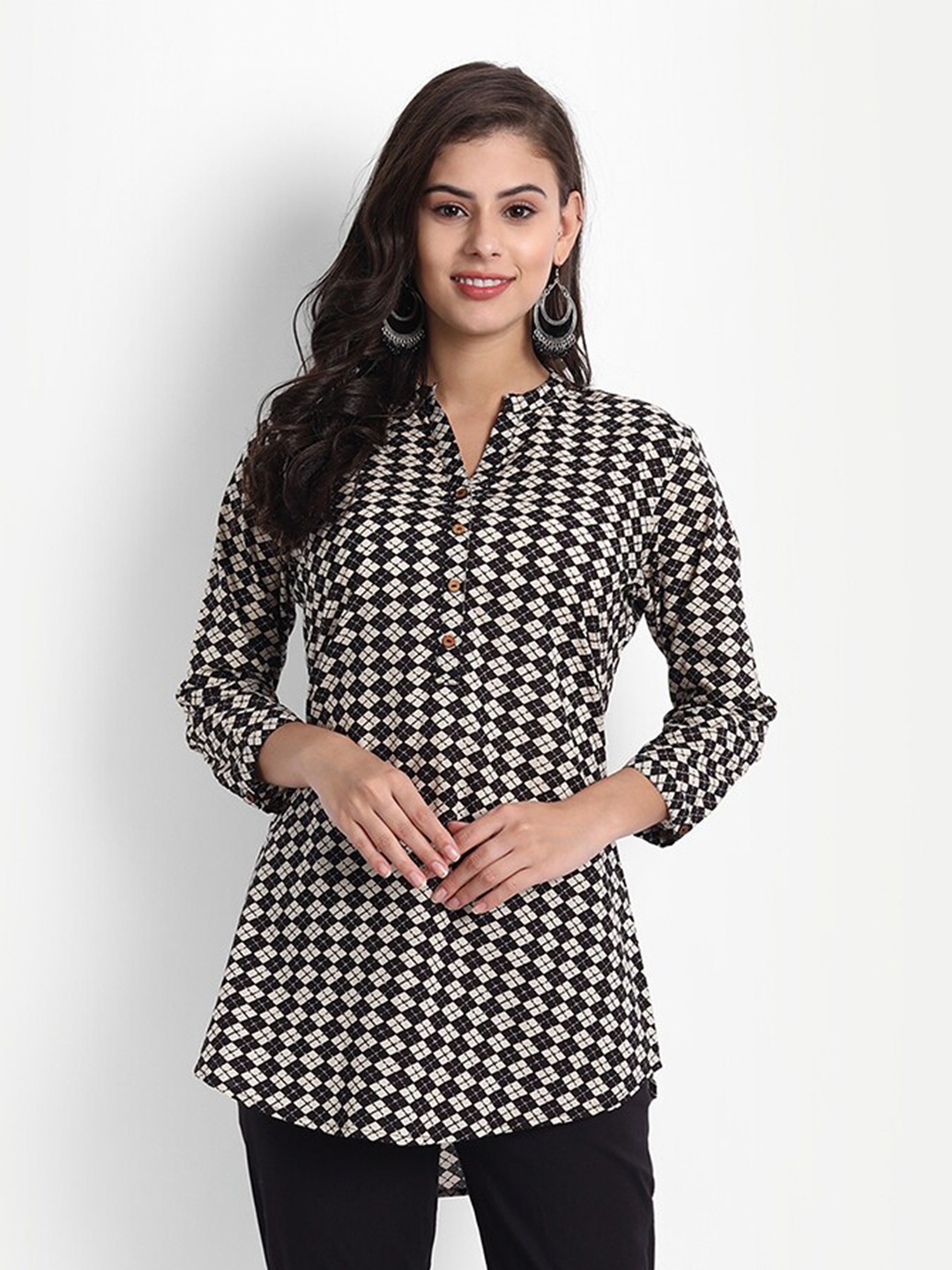 

fabGLOBAL Black & Beige Checked Mandarin Collar Regular Top