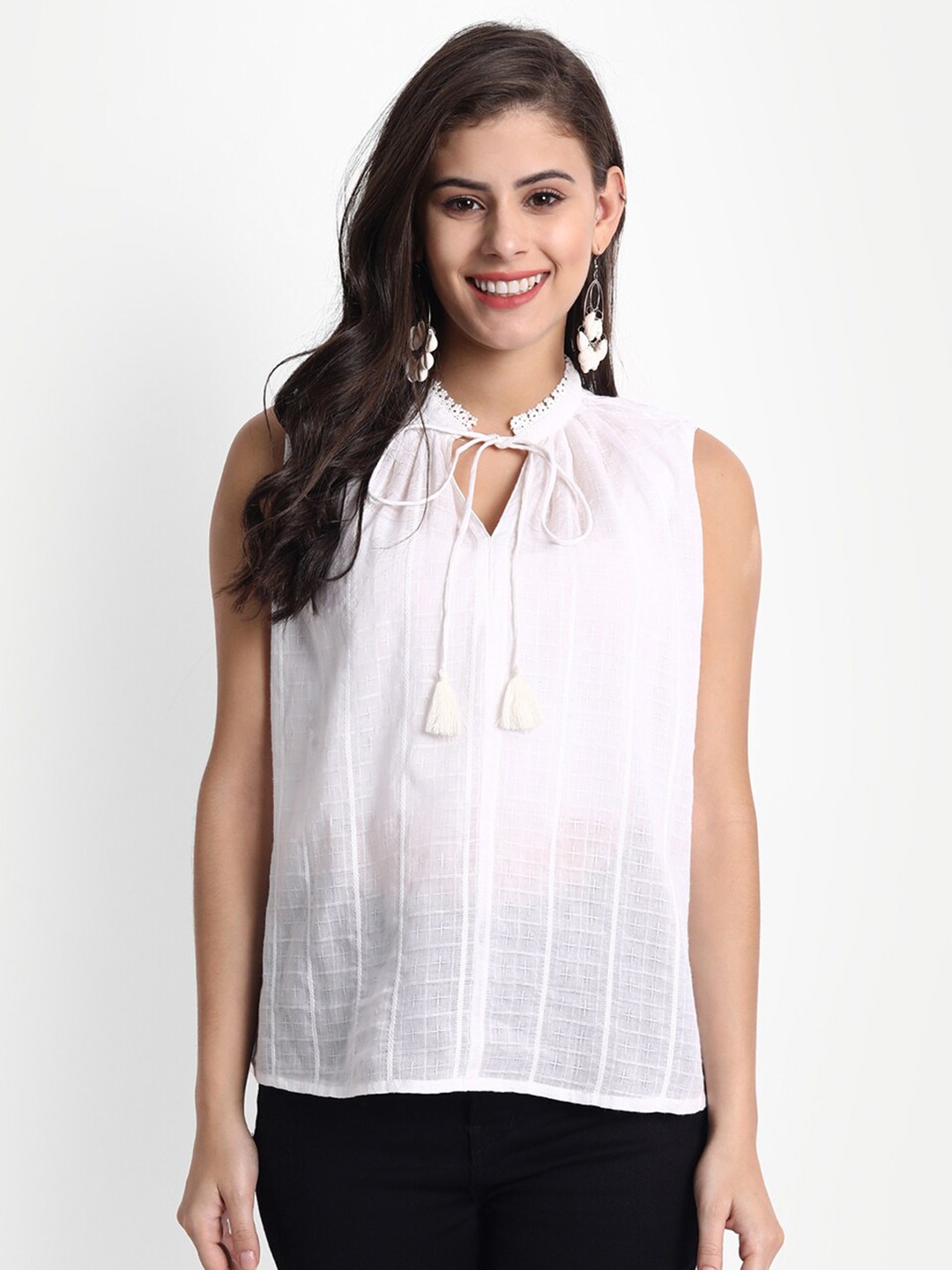 

fabGLOBAL White Tie-Up Neck Regular Top