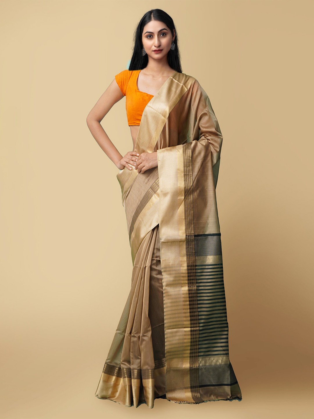 

Unnati Silks Women Brown & Black Pure Handloom Maheshwari Sico Sustainable Saree
