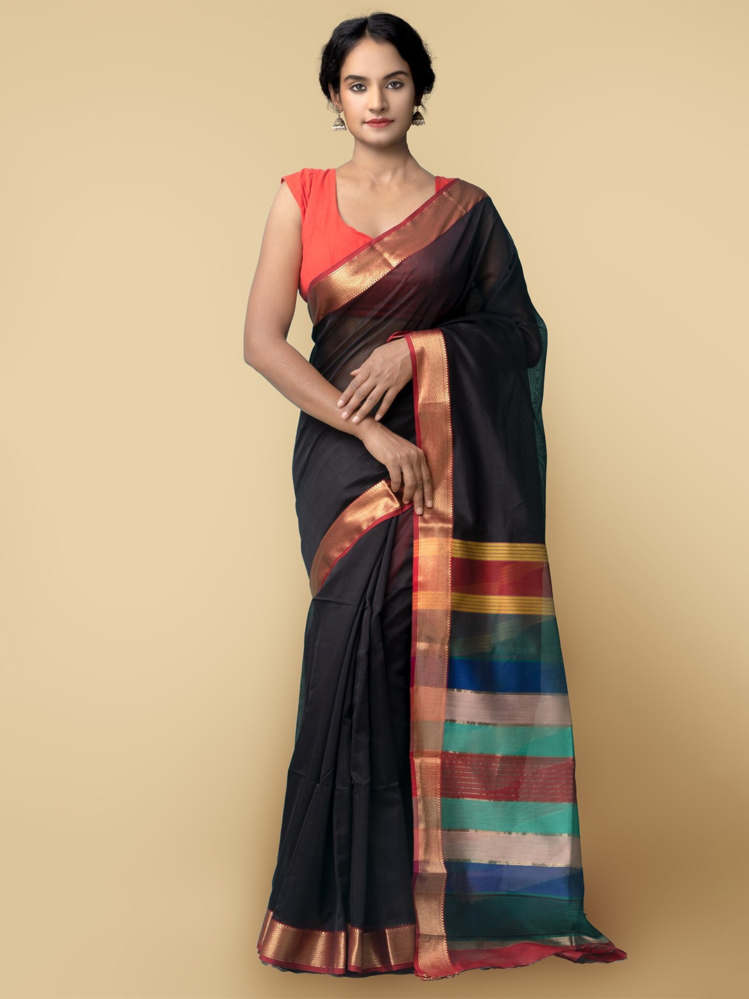 

Unnati Silks Women Black & Gold-Toned Pure Handloom Maheshwari Sico Sustainable Saree