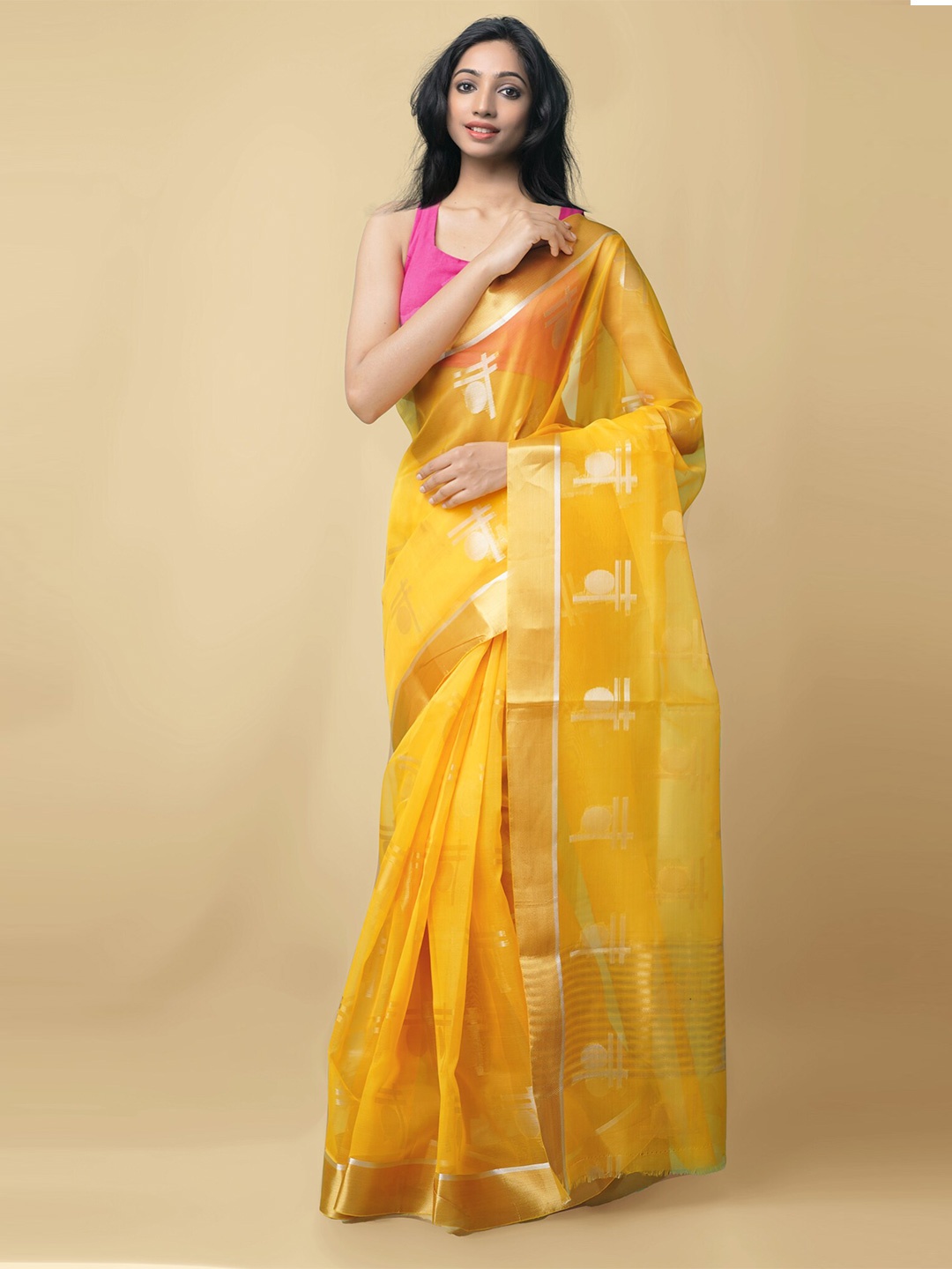 

Unnati Silks Yellow & Silver-Toned Woven Design Silk Cotton Mysore Silk Saree