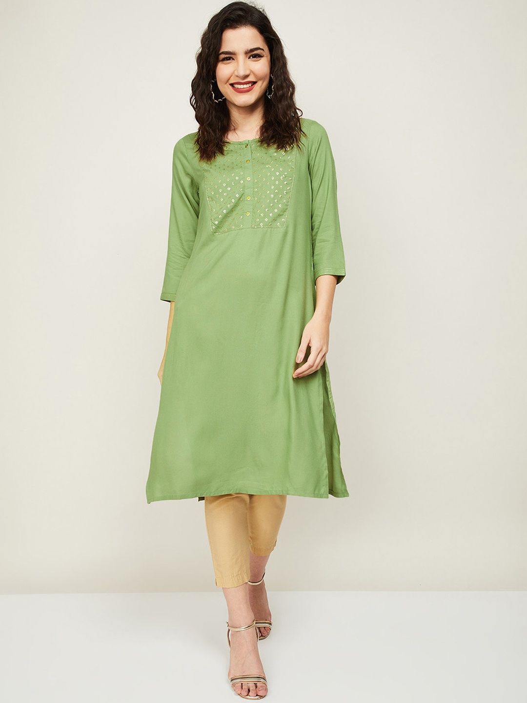 

Melange by Lifestyle Women Green Ethnic Motifs Yoke Design Kurta