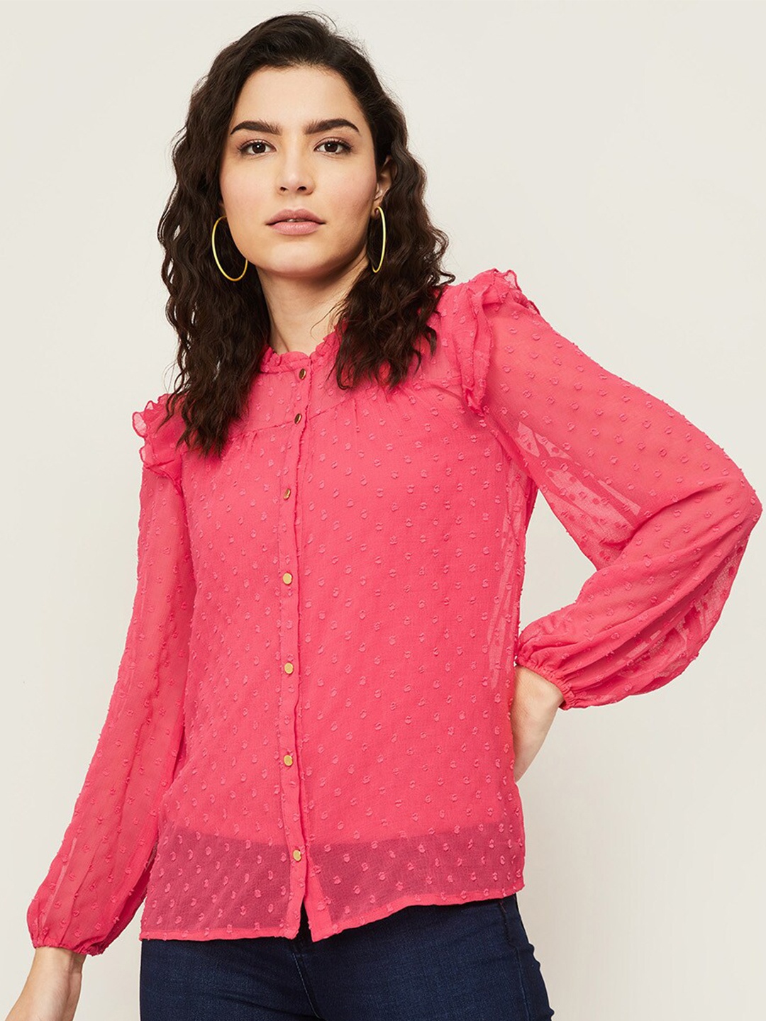 

Bossini Coral Red Mandarin Collar Shirt Style Top