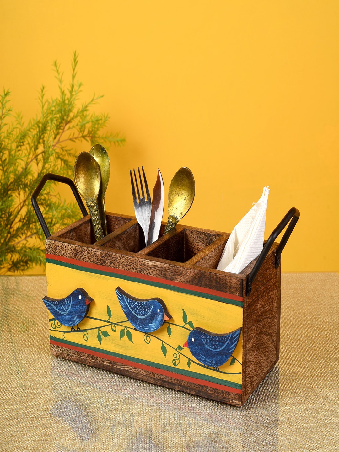 

AAKRITI ART CREATIONS Brown & Yellow Love Birds Cutlery Holder