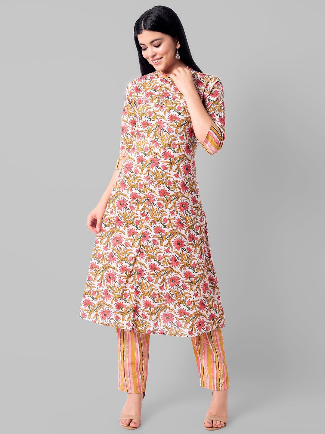 

Wodreams Women Pink Floral Printed Regular Pure Cotton Kurta with Trousers