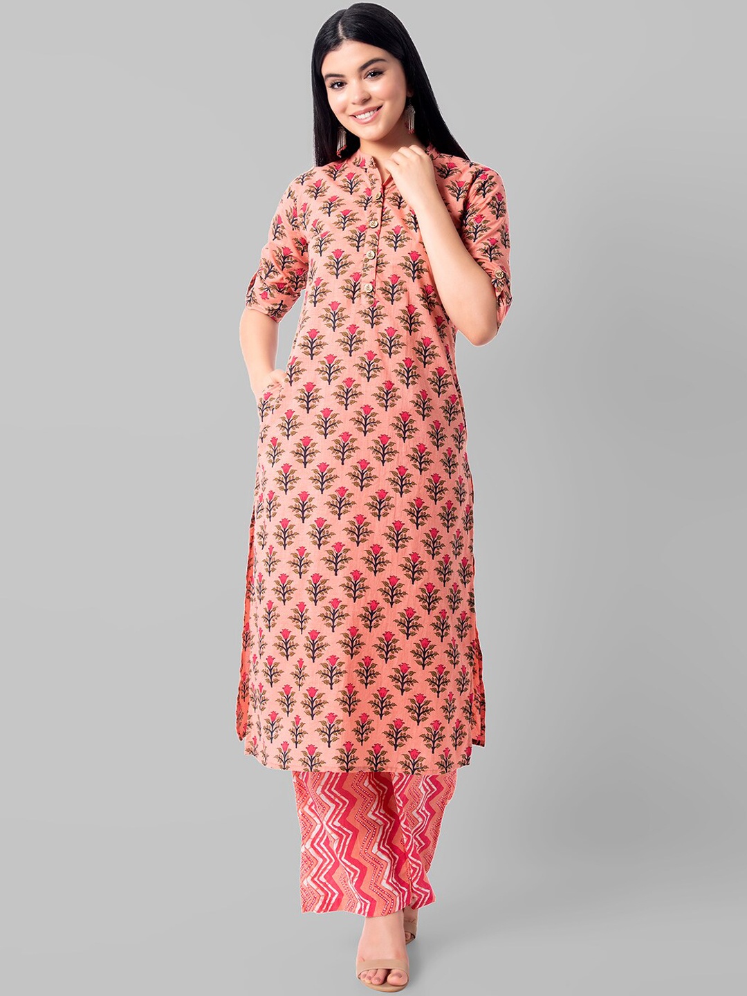 

Wodreams Women Pink Floral Printed Regular Pure Cotton Kurta with Palazzos