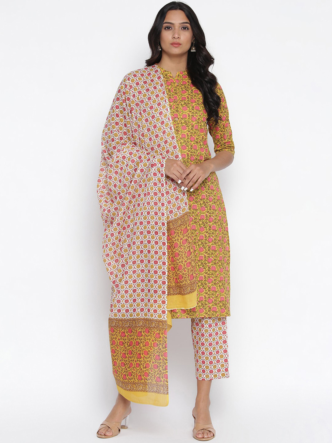 

Wodreams Women Yellow Ethnic Motifs Printed Regular Pure Cotton Kurta with Trousers & With Dupatta