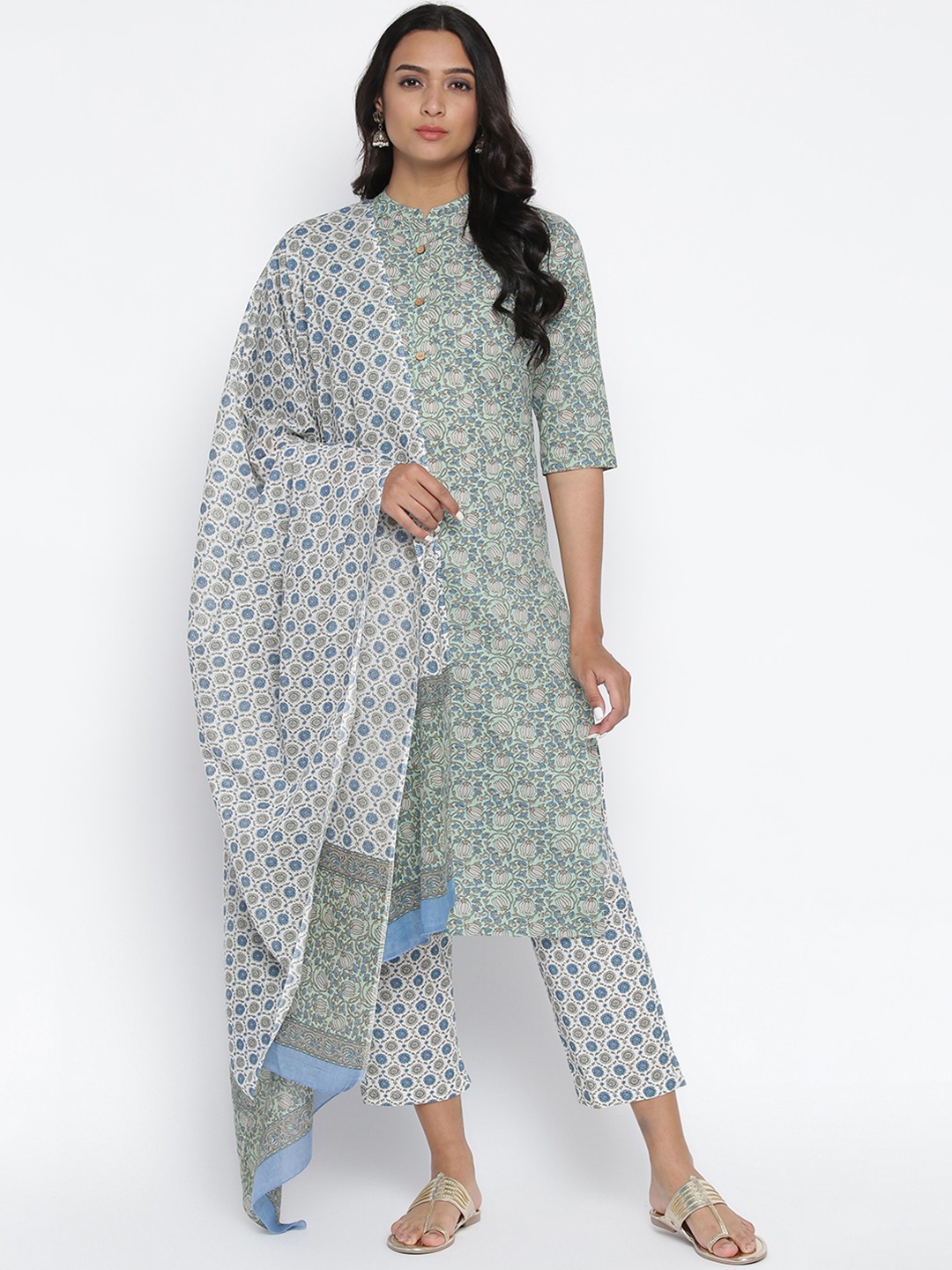 

Wodreams Women Green Floral Printed Regular Pure Cotton Kurta with Trousers & With Dupatta