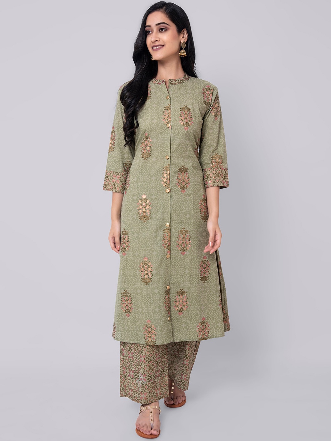 

Wodreams Women Green Ethnic Motifs Printed Regular Pure Cotton Kurta with Palazzos