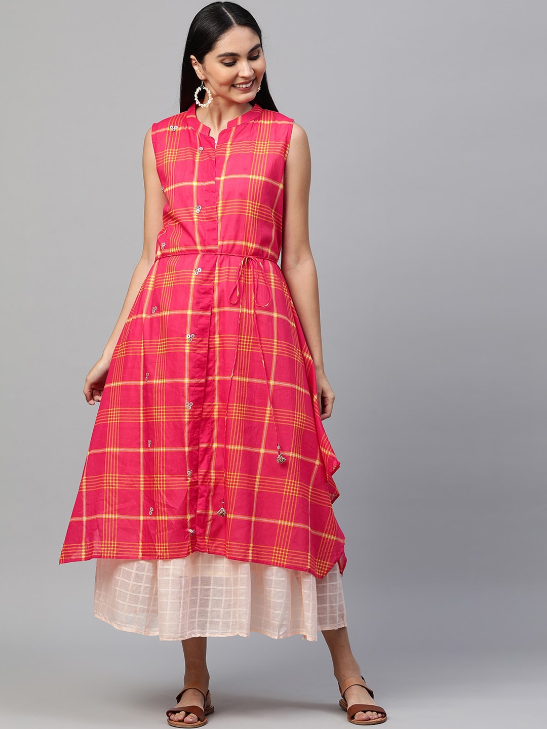 

FASHOR Green & Yellow Checked Maxi Dress
