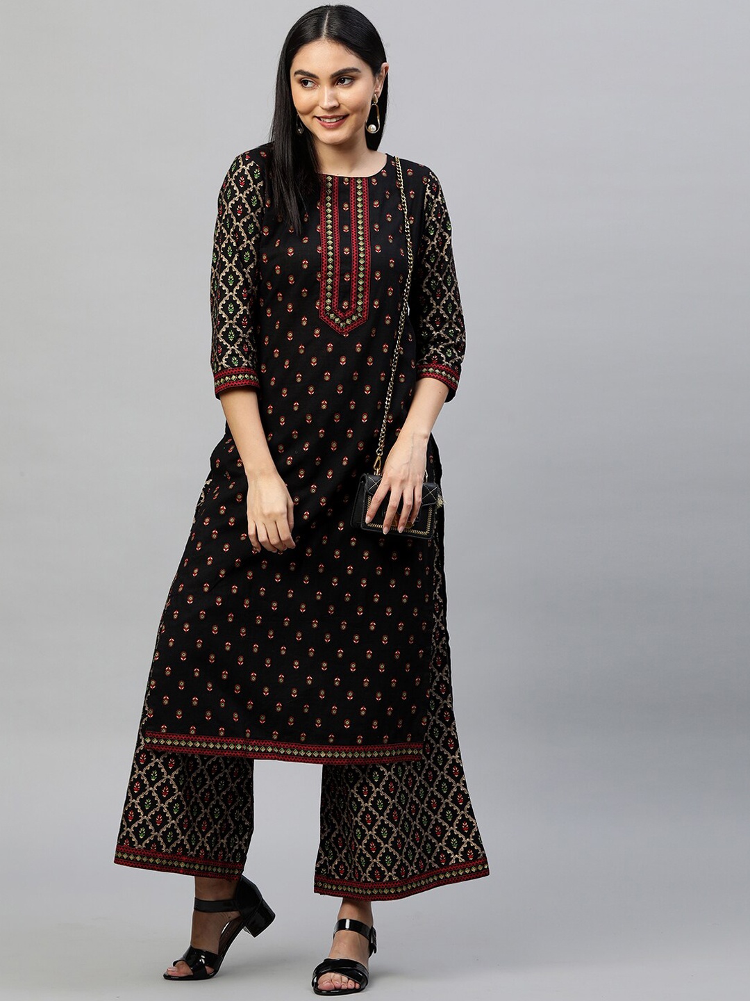 

FASHOR Women Black Ethnic Motifs Printed Panelled Pure Cotton Kurta with Palazzos