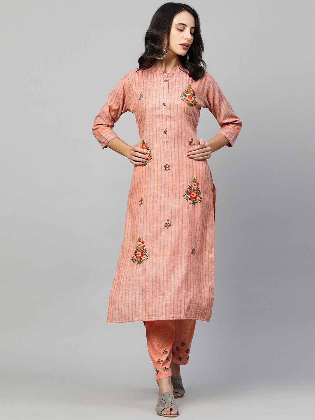 

FASHOR Women Orange Embroidered Regular Kurta with Trousers
