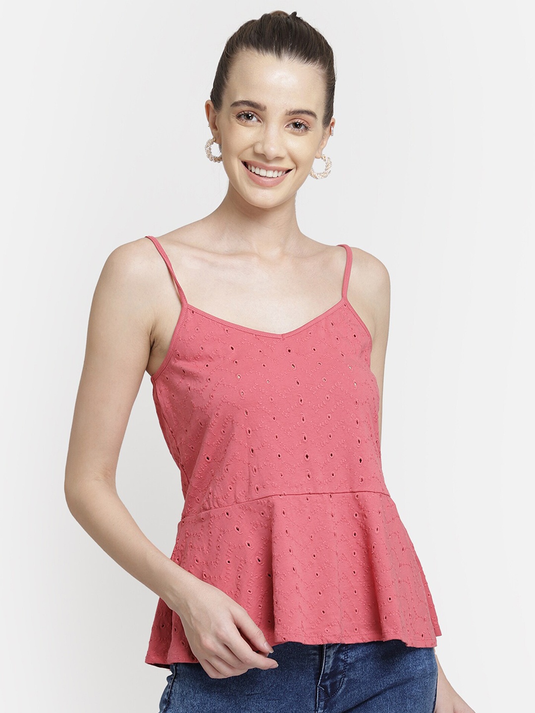 

Aditi Wasan Pink Self Designed Schiffli Peplum Top