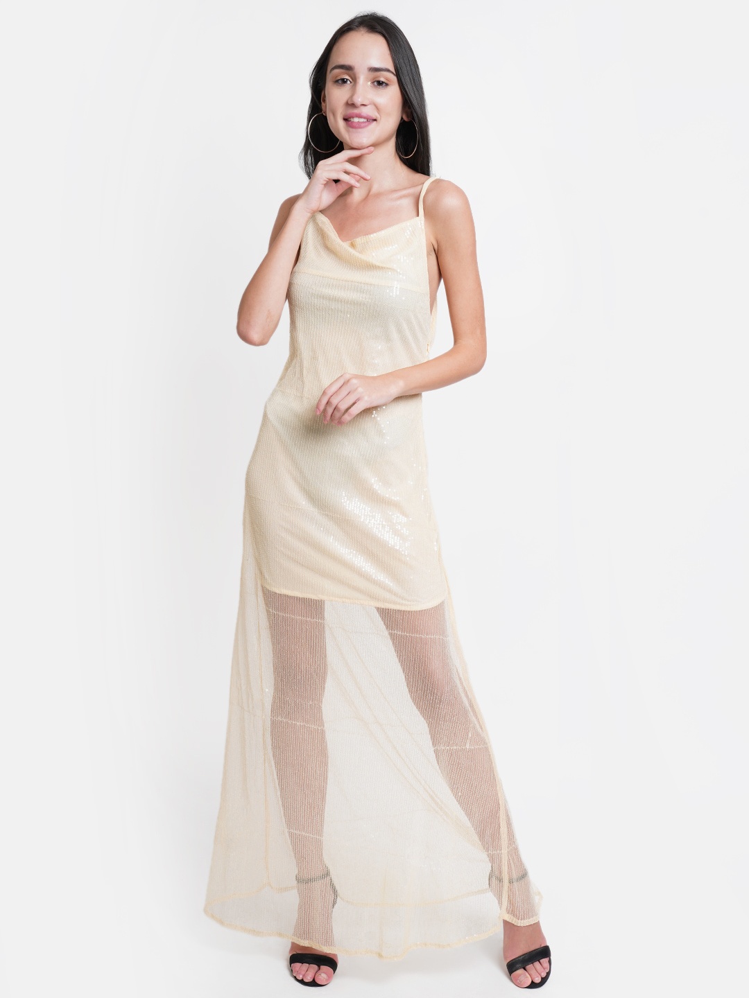 

DODO & MOA Beige Sequinned Net A-Line Maxi Dress